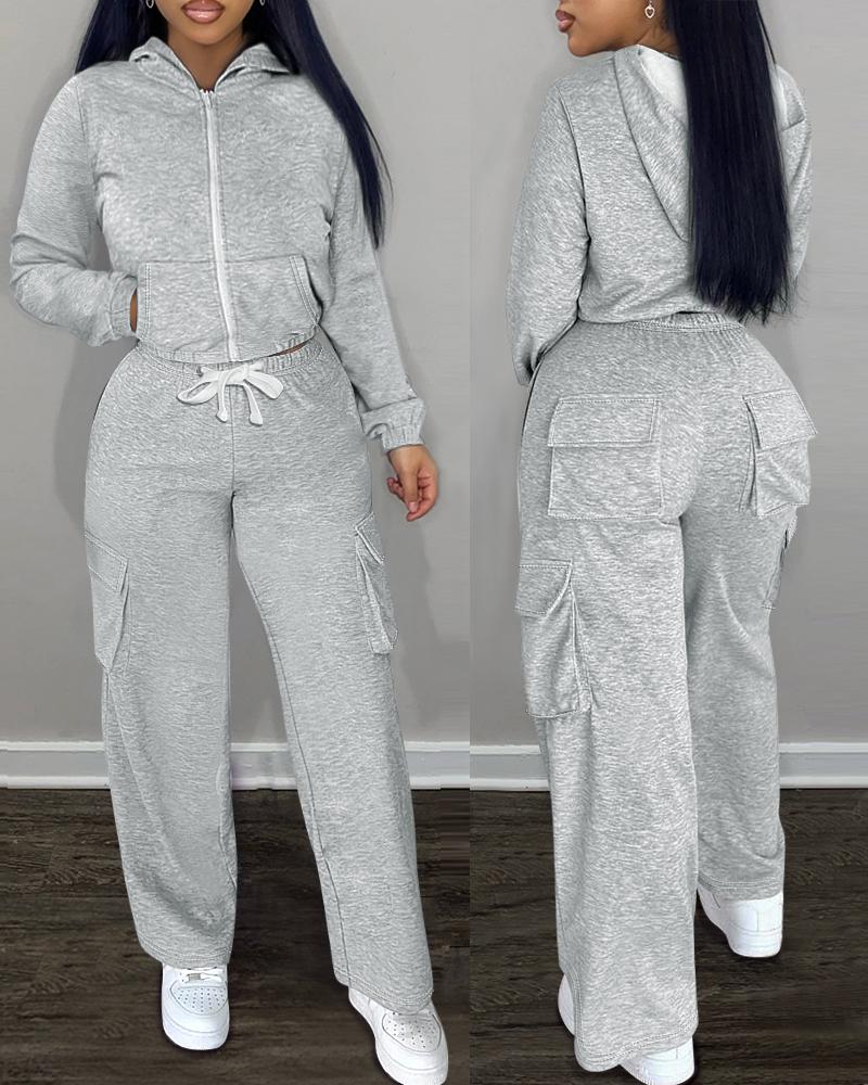 Long Sleeve Crop Hooded Sweatshirt & Pocket Design Sweatpants Set, Two-piece Sets, ChicMe catalog