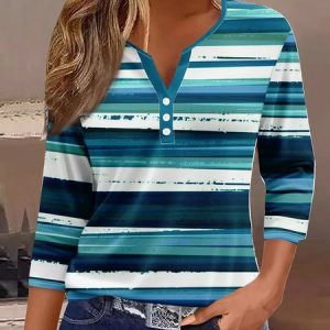 Women's Three Quarter Sleeve Tee T-shirt Spring/Fall Striped Buttoned Jersey Notched Daily Going Out Casual Top, JustFashionNow Sweatshirts & Hoodies, color:Blue|size:3XL,