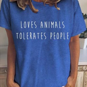 Loves Animals Tolerates People Casual Crew Neck T-shirt, T-shirts, Lilicloth.com
