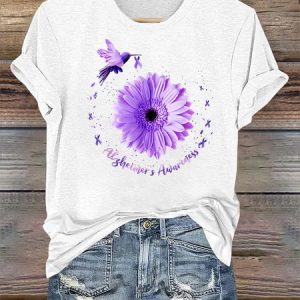 Hummingbird Sunflower Purple Ribbon Alzheimer's Awareness Crew Neck Casual T-Shirt, T-shirts, Lilicloth.com