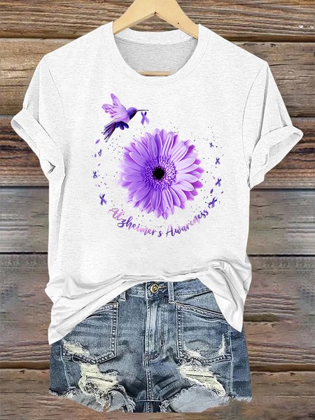 Hummingbird Sunflower Purple Ribbon Alzheimer's Awareness Crew Neck Casual T-Shirt, T-shirts, Lilicloth.com