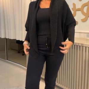 3PCS Batwing Sleeve Cardigan With Asymmetrical Neck Tank Top & Stretchy Waist Pants Set, Two-piece Sets, ChicMe catalog