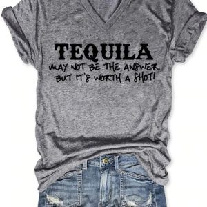 Funny Wine V Neck Letter Casual Short Sleeve T-Shirt, T-shirts, Lilicloth.com