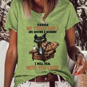 Women Funny Cat Coffee Cotton-Blend Loose Crew Neck T-Shirt, T-shirts, Lilicloth.com