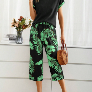 Women's Palm Leaf Daily Going Out Two Piece Set Short Sleeve Casual Summer Top With Pants Matching Set Black, JustFashionNow Suit Set, color:Green|size:XXL,
