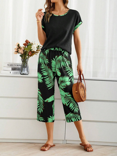 Women's Palm Leaf Daily Going Out Two Piece Set Short Sleeve Casual Summer Top With Pants Matching Set Black, JustFashionNow Suit Set, color:Green|size:XXL,