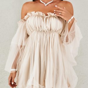 Off Shoulder Frill Trim Sheer Mesh Swing Dress, Casual Dresses, ChicMe catalog