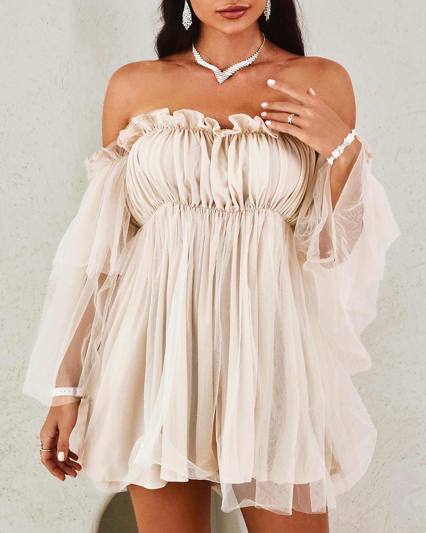 Off Shoulder Frill Trim Sheer Mesh Swing Dress, Casual Dresses, ChicMe catalog