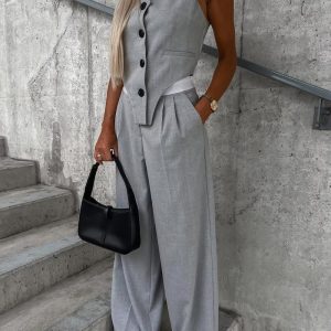 2PCS Striped Colorblock Asymmetrical Hem Vest Top & Ruched Pants Set, Two-piece Sets, ChicMe catalog