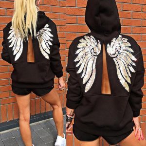 Sequin Wings Pattern Back Slit Hooded Sweatshirt & Shorts Set, Two-piece Sets, ChicMe catalog