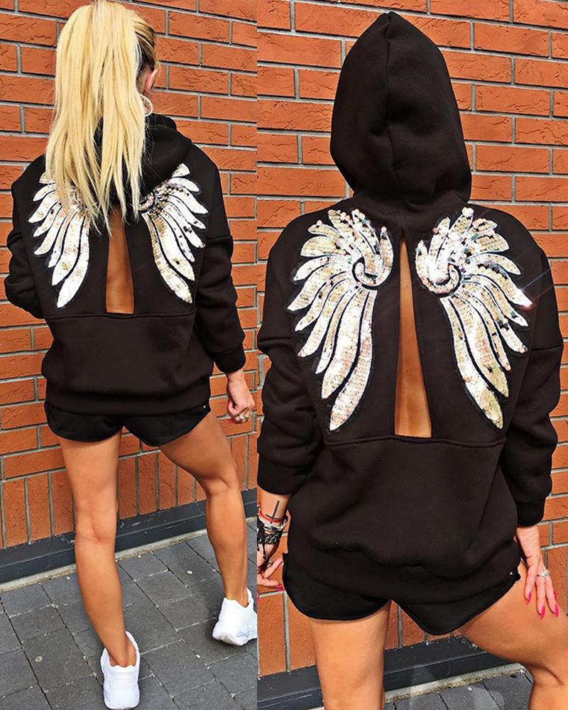 Sequin Wings Pattern Back Slit Hooded Sweatshirt & Shorts Set, Two-piece Sets, ChicMe catalog
