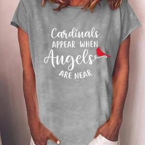 Women Red Bird Graphic Cardinals Appear when Angels are Near Sweet Short Sleeve T-Shirt, T-shirts, Lilicloth.com