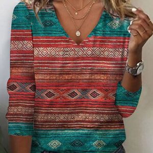 Women's Long Sleeve Tee T-shirt Spring/Fall Ethnic Printing Jersey V Neck Holiday Going Out Vintage Top, JustFashionNow T-Shirts, color:Red|size:XXL,