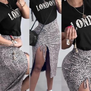 Leopard Letter Print Top & Drawstring Slit Skirt Set, Two-piece Sets, ChicMe catalog