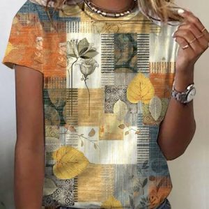 Women's Short Sleeve Tee T-shirt Summer Floral Printing Jersey Crew Neck Daily Going Out Vintage Top, JustFashionNow Tops, color:Khaki|size:XXL,