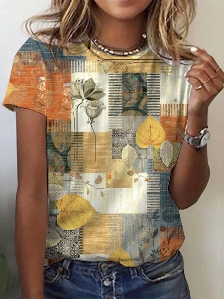 Round Neck Loose T-Shirt With Floral Design, T-shirts, Lilicloth.com