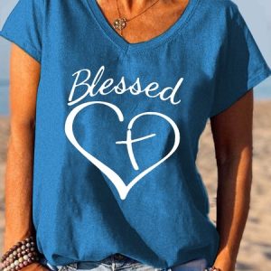 Blessed Cross Print V-Neck Short Sleeve T-Shirt, T-shirts, Lilicloth.com