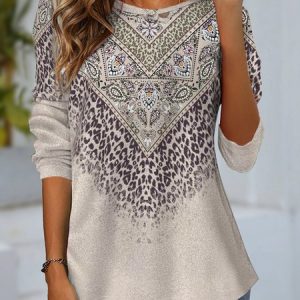 Women's Long Sleeve Tee T-shirt Spring/Fall Leopard Jersey Crew Neck Daily Going Out Casual Top, JustFashionNow T-Shirts, color:Gray|size:XXL,