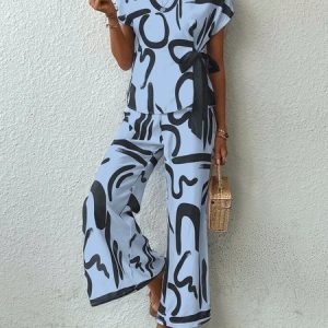 Women's Bow Abstract Graphic Daily Going Out Two Piece Set Short Sleeve Simple Summer Top With Pants Matching Set, JustFashionNow Suit Set, color:Blue|size:XXL,