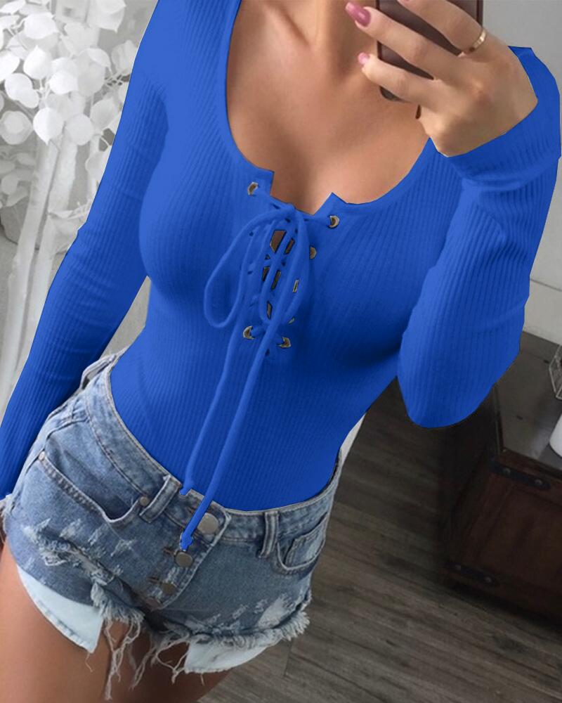 Lace-up Deep U-Neck Bodysuit Long Sleeve Slim Fit Going Out Tops, women Bodysuit, ChicMe catalog - Image 4