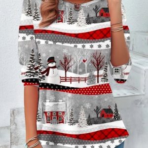 Vintage Christmas Snowman Crew Neck Long Sleeve T-shirt, T-shirts, color:Gray|size:XXL, catalog Noracora shop