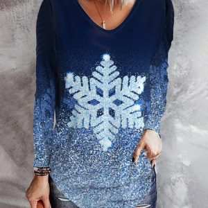 Women's Long Sleeve Blouse Spring/Fall Snowflake Printing V Neck Holiday Going Out Vintage Top, JustFashionNow T-Shirts, color:Blue|size:XXL,