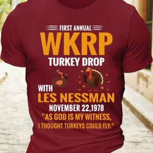 MenвЂ™s Cotton First Annual WKRP Turkey Drop With Les Nessman November 22 1978 T-Shirt, T-shirts, Lilicloth.com