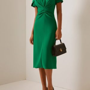 Women's Short Sleeve Summer Plain Ruched Dress Crew Neck Commuting Going Out Urban Midi A-Line, JustFashionNow Dresses, color:Green|size:3XL,