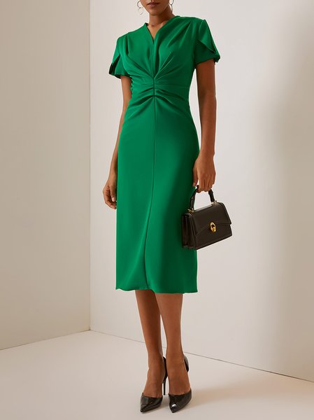 Women's Short Sleeve Summer Plain Ruched Dress Crew Neck Commuting Going Out Urban Midi A-Line, JustFashionNow Dresses, color:Green|size:3XL,