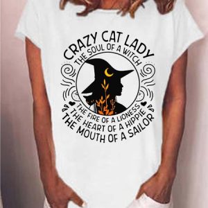Women Happy Halloween Lady Witch Casual Crew Neck Cotton-Blend T-Shirt, T-shirts, Lilicloth.com