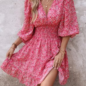 Pink Ditsy Floral Print Lantern Sleeve Ruffles Shirred Dress, Print Dresses, ChicMe catalog