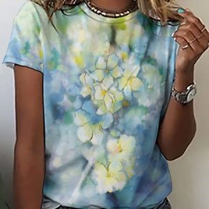 Casual Simple Floral Gradient Print Crew Neck T-Shirt, T-shirts, Lilicloth.com