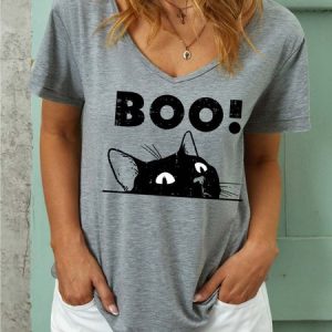 Women Black Cat Boo Halloween Casual T-Shirt, T-shirts, Lilicloth.com