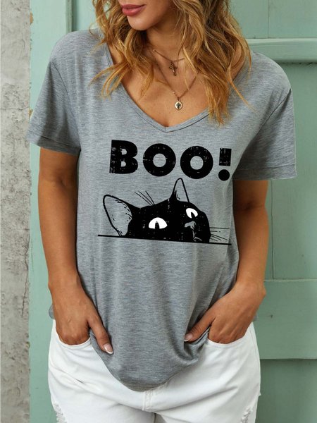 Women Black Cat Boo Halloween Casual T-Shirt, T-shirts, Lilicloth.com