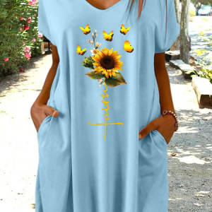 Women's Faith Butterfly Sunflower Loose Casual V Neck Dress, Dresses, Lilicloth.com