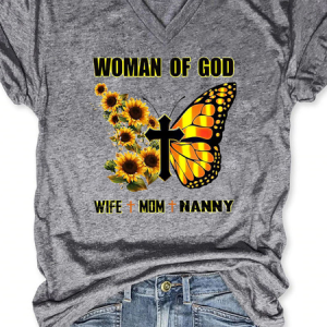 Woman Of God Wife&Mom&Nanny Sunflower Butterfly Shirts&Tops, T-shirts, Lilicloth.com