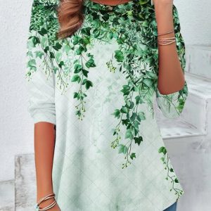 Women's Long Sleeve Tee T-shirt Spring/Fall Leaf Printing Jersey Crew Neck Holiday Going Out Vintage Top, JustFashionNow T-Shirts, color:Green|size:XXL,