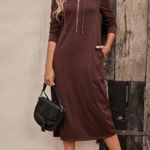 Women's Long Sleeve Spring/Fall Striped Zipper Dress Hoodie Daily Going Out Casual Midi H-Line, JustFashionNow Dresses, color:Coffee|size:XL,