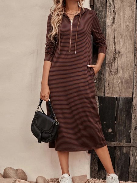Women's Long Sleeve Spring/Fall Striped Zipper Dress Hoodie Daily Going Out Casual Midi H-Line, JustFashionNow Dresses, color:Coffee|size:XL,