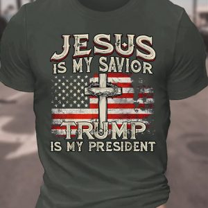 Jesus Is My Savior Trump Is My President American Flag Cotton T-shirt, T-shirts, Lilicloth.com