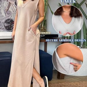 V Neck Pocket Design Slit Casual Dress, women Casual Dresses, ChicMe catalog