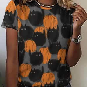 Women Funny Black Cat Pumpkin Simple Animal T-Shirt, T-shirts, Lilicloth.com