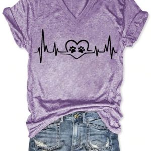 Women Funny Dog Love Heartbeat Loose V Neck T-Shirt, T-shirts, Lilicloth.com