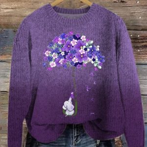Women's I Will Remember For You Dementia Alzheimer's Disease Awareness Print Loose Knitted Purple Floral Sweater, Sweaters, Lilicloth.com