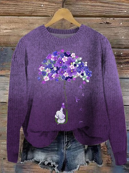 Women's I Will Remember For You Dementia Alzheimer's Disease Awareness Print Loose Knitted Purple Floral Sweater, Sweaters, Lilicloth.com