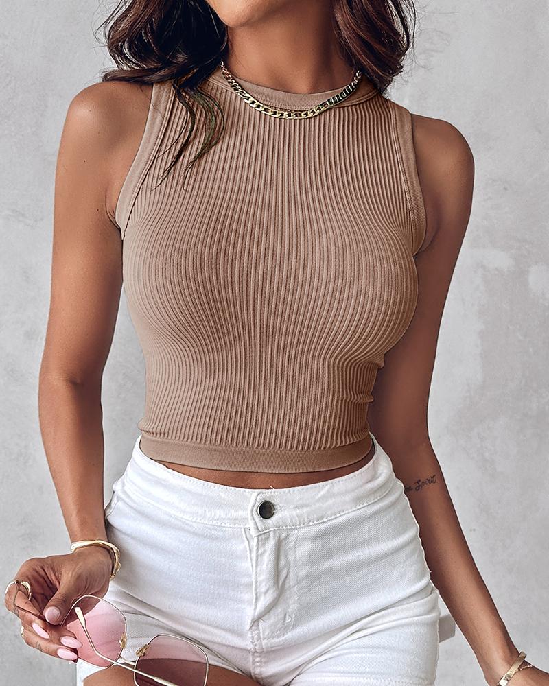 1-Pack Crew Neck Seamless Rib-Knit Crop Tank Top, women Tanks & Crop Tops, ChicMe catalog