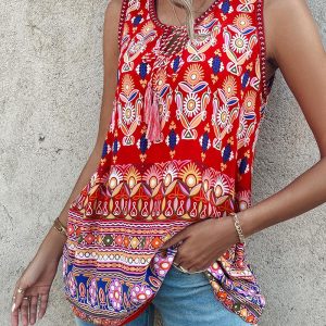 Tribal Print Knotted Sleeveless Tank Top, women Tanks & Crop Tops, ChicMe catalog