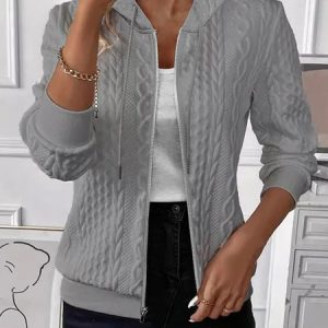 Women's Spring/Fall Outerwear Casual Jacquard Zipper Plain Long Sleeve Hoodie Jacket, JustFashionNow Jackets, color:Gray|size:XXL,