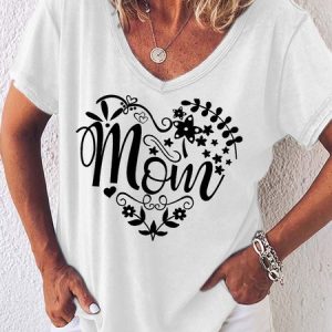 Women Mom Love Letter Casual Regular Fit V Neck T-Shirt, T-shirts, Lilicloth.com