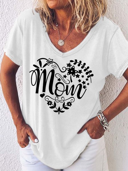 Women Mom Love Letter Casual Regular Fit V Neck T-Shirt, T-shirts, Lilicloth.com